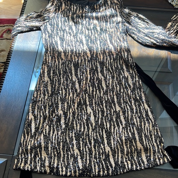 Betsy & Adam Sequin Trapeze Long Sleeve Velvet Self-Tie Belt A-Line Dress - Picture 9 of 12